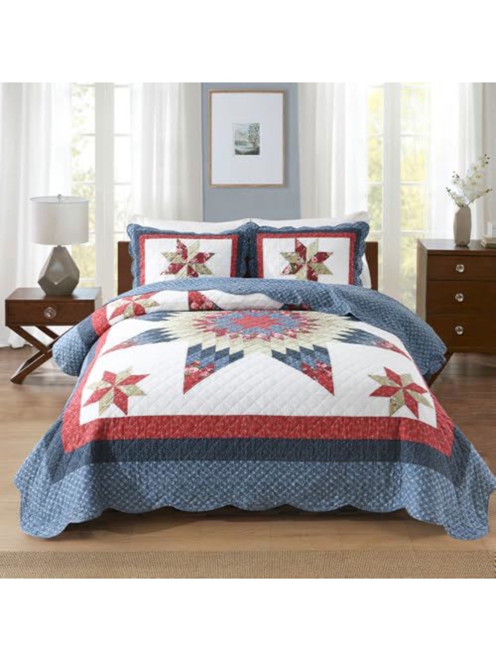 Patchwork Star Quilt Set in Blue, Red and White